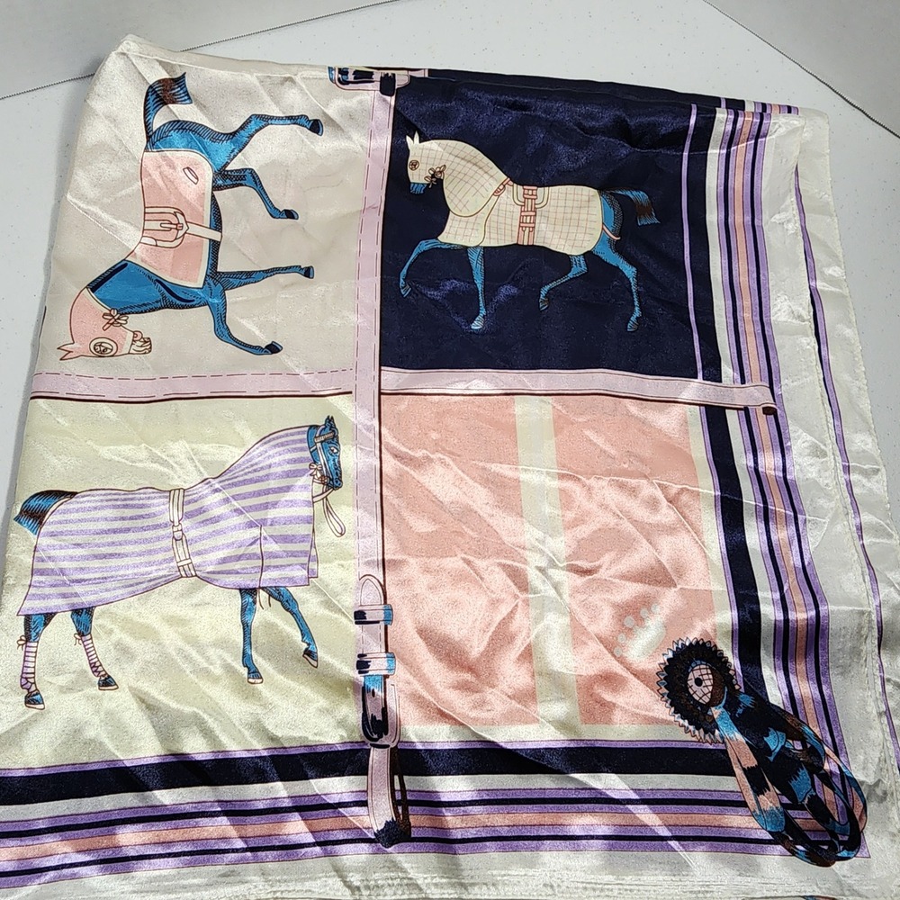 Vintage Equestrian Horse Print Square Scarf Satin Pink Purple Navy 90x90cm